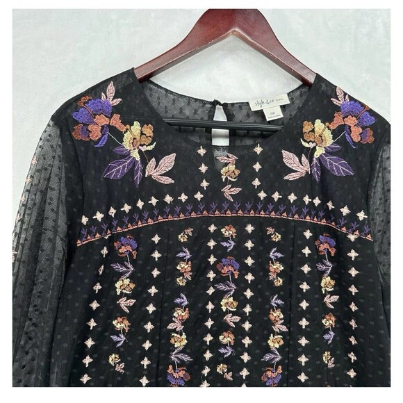 Style & Co Long Sleeve Floral Embroidered Sheer Boho Tunic Blouse Black SZ M - Picture 5 of 5